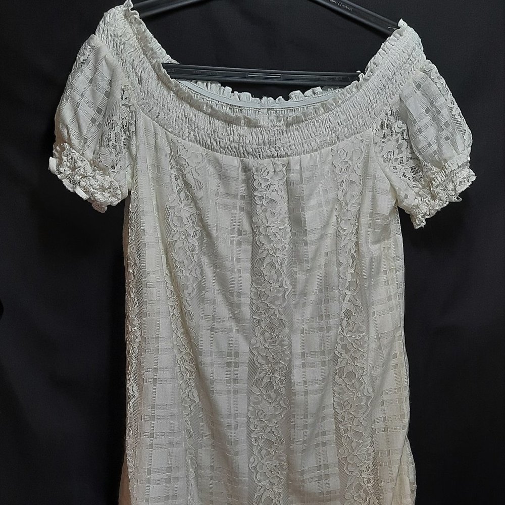 White Lace Ruffle Cold Should Blouse Mini Dress Size Small